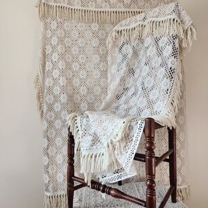 🌟SOLD🌟Shabby Chic Cream Daisy Lace Drapes with Fringe Set Of 2 With Tie Backs
